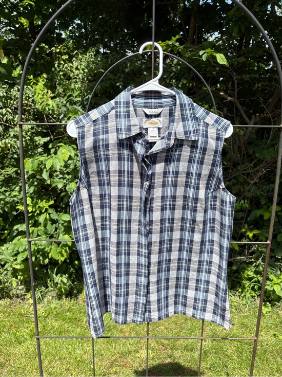 Talbots Tops - Talbots Navy Blue Beige Gray Plaid Button-Front Shirt Sleeveless Linen-Blend